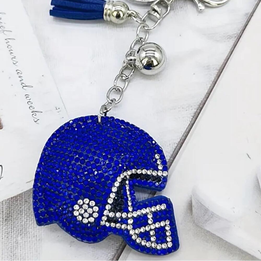 Blue Football Helmet Crystal Keychain